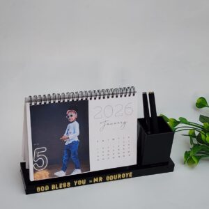Personalized Acrylic & Wood 12-Month Desk Calendar with Pen Holder