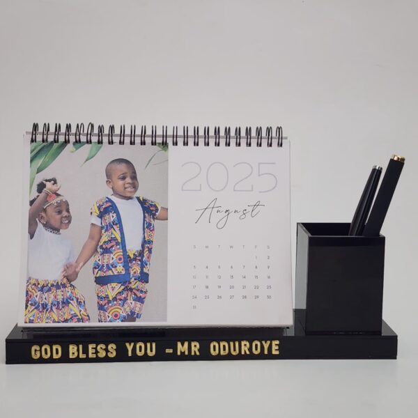 Personalized Acrylic & Wood 12-Month Desk Calendar with Pen Holder - Image 2