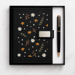 Black Floral Leather Journal & Pen Gift Set
