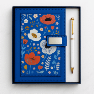 Blue Floral Leather Journal & Pen Gift Set