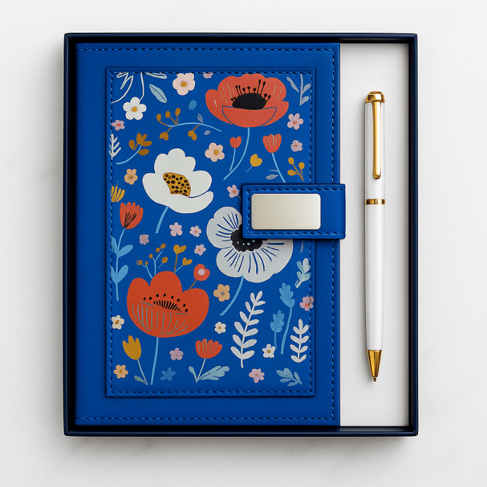 Blue Floral Leather Journal & Pen Gift Set