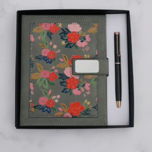 Grey Floral Leather Journal & Pen Gift Set