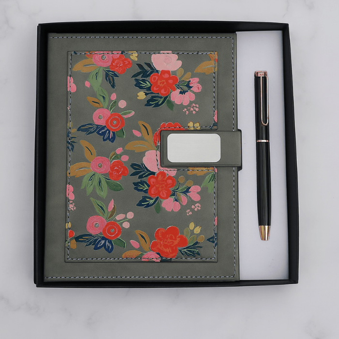 Grey Floral Leather Journal & Pen Gift Set