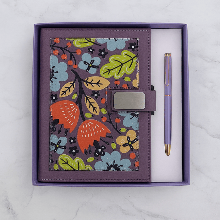 Purple Floral Leather Journal & Pen Gift Set