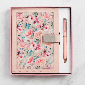 Floral Leather Journal & Pen Gift Set – Pink Edition
