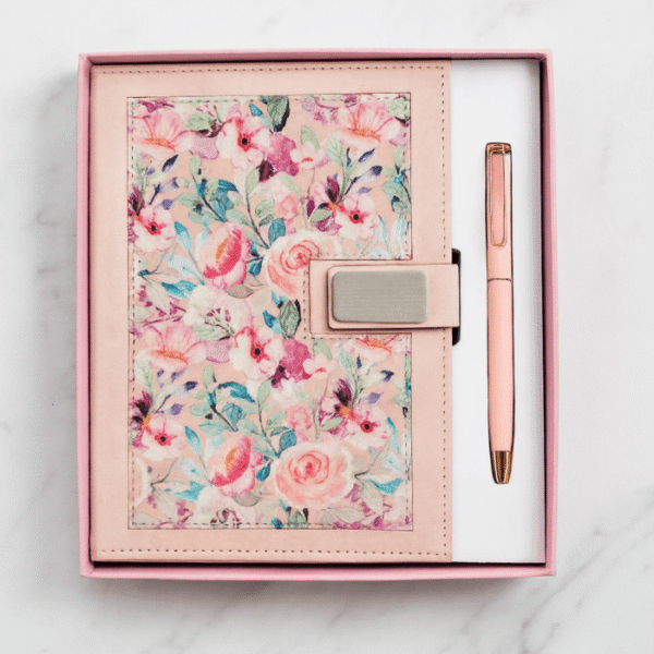 Floral Leather Journal & Pen Gift Set – Pink Edition